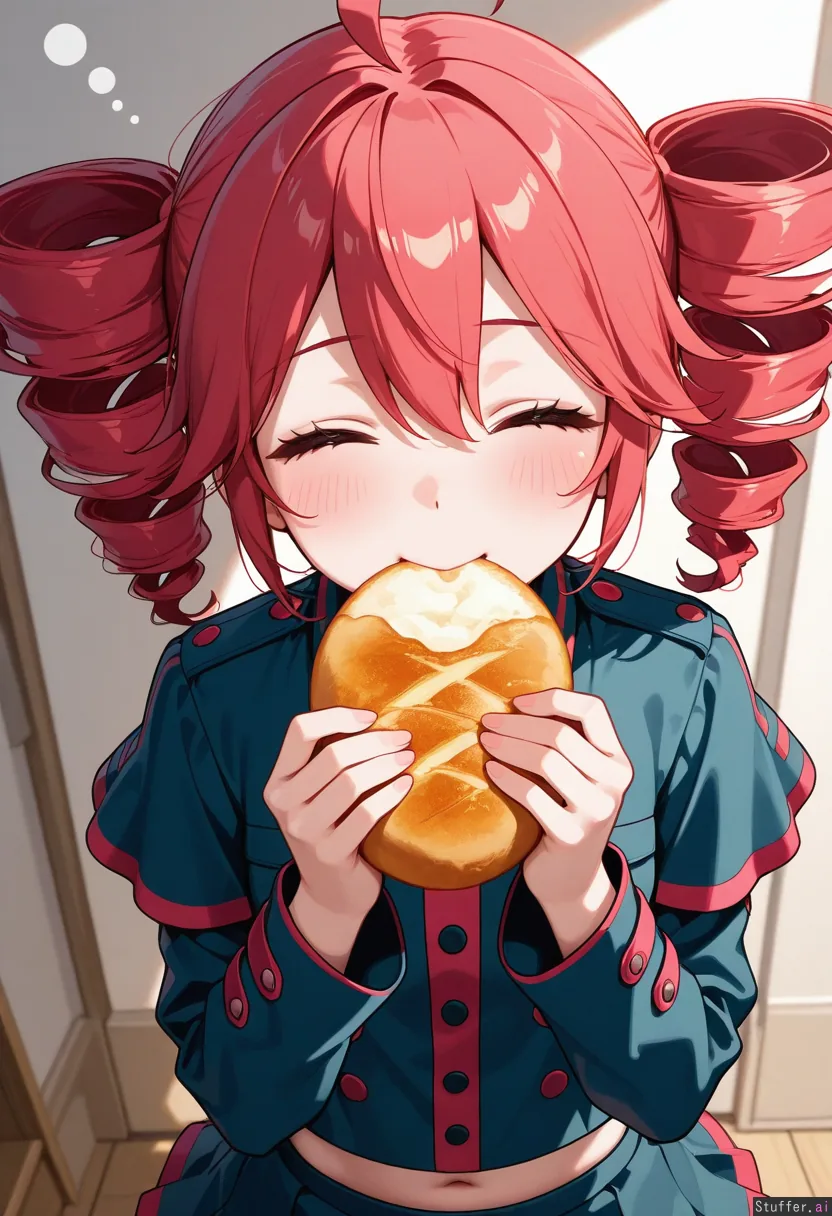 kasane_teto , eating bread, tired, (fat belly sticking out:0.6 ...