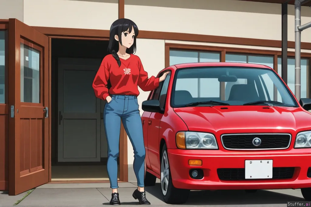 1girl, asian, black hair, anime art style, standing next to red car, c ...