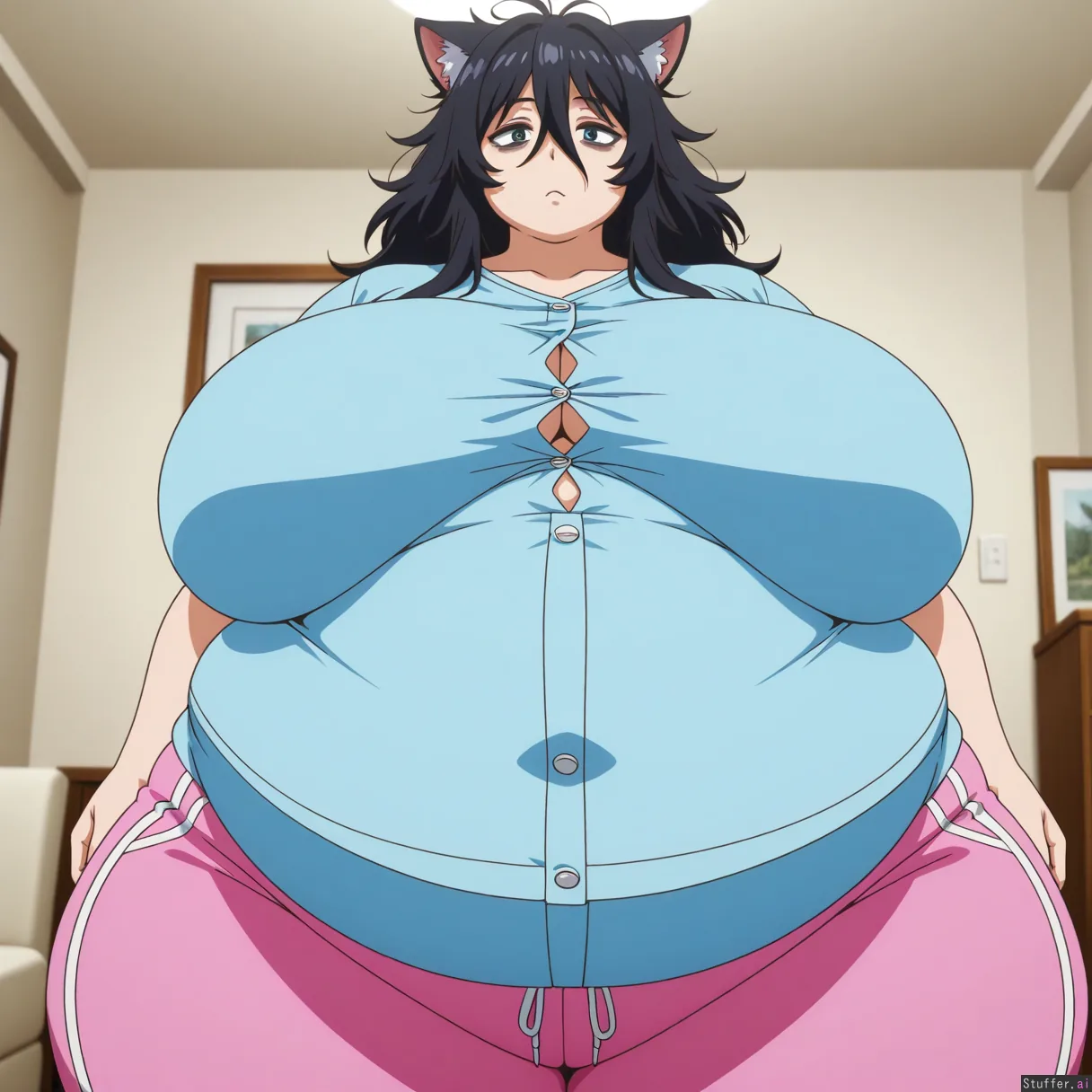 solo female, cat humanoid, black hair, taller female, blue shirt, pink ...