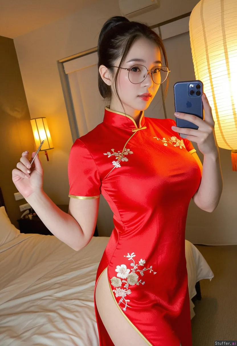 Selfie perspective, Korean oval face, fair skin, high ponytail, gold-r ...