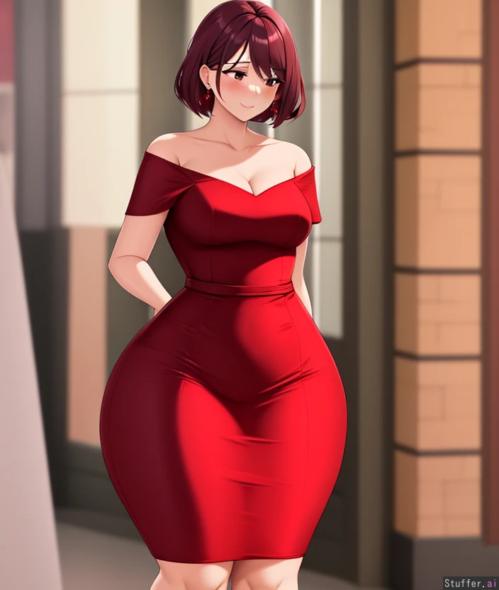 candid photo, beautiful woman, tight red dress, small waist, wide hips ...