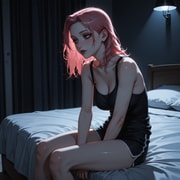 pink hair, 1woman, curtained hair, medium hair, pale_skin, ,
beautiful thin face,

shorts, tank top,