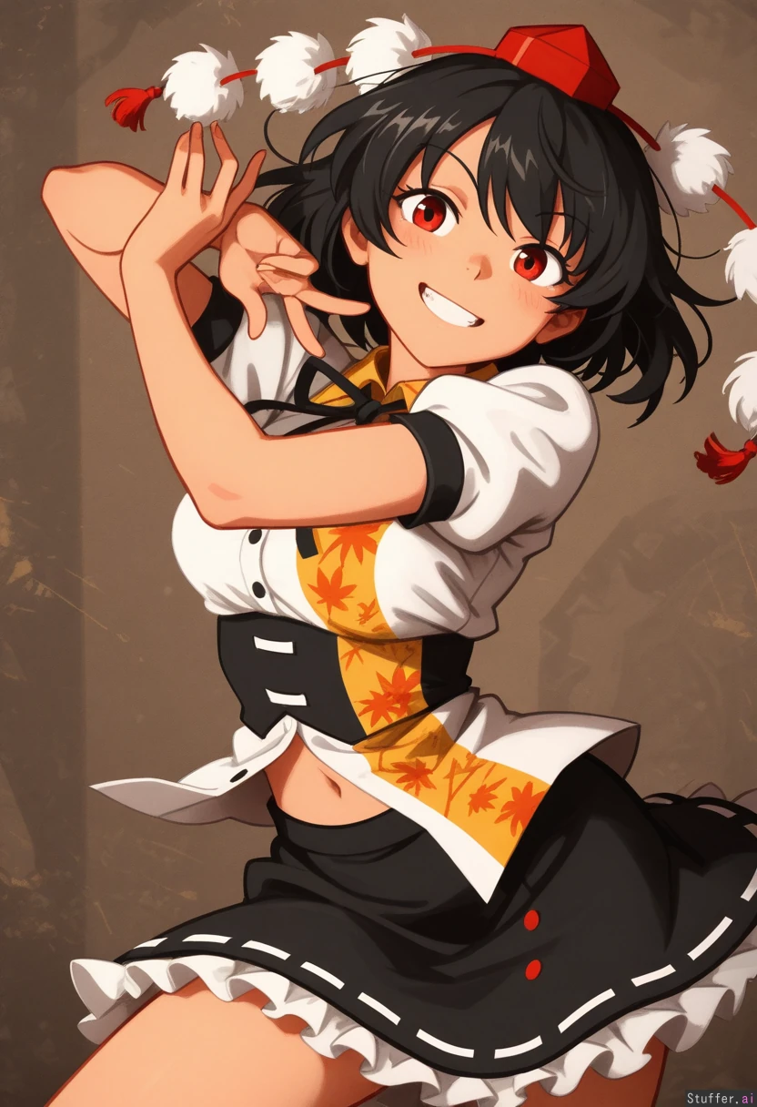 Underb shameimaru_aya, smile, skirt, grin, khyle(artist), pose, navel, underb ...